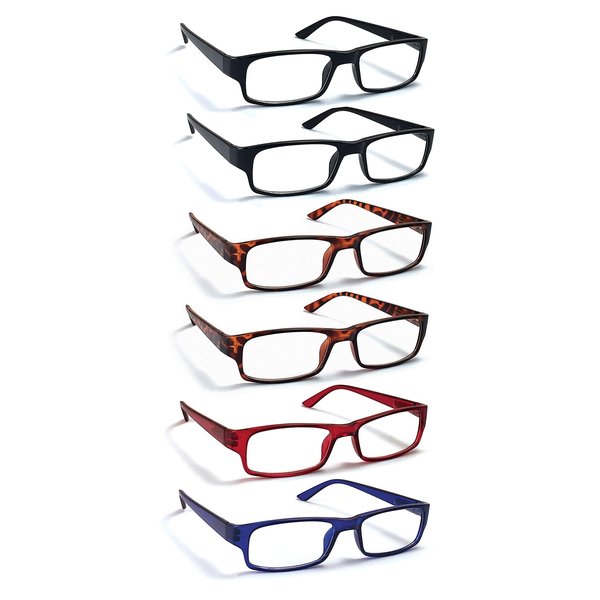 Boost Eyewear Reading Glasses, Traditional Frames in Black, Tortoise Shell, Blue and Red, 6PK 27375-6PK